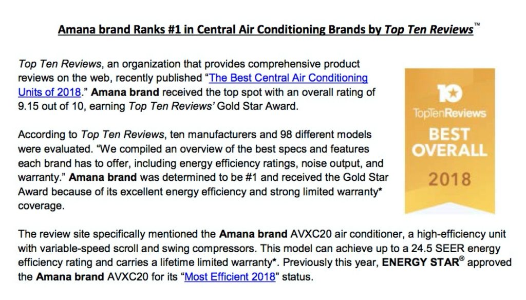 Amana Brand Ranks #1 In Central Air Conditioning Brands By Top Ten Reviews TM